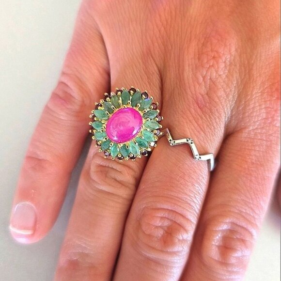 925 Sterling Silver Ring SZ 8.25 with Natural Ruby, Emerald & Garnet Gemstones - Picture 3 of 8